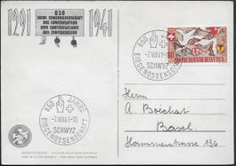 1941 FDC BF-Karte Nr. 72 650J. SCHWYZ B13 hochwertig ab 1.-