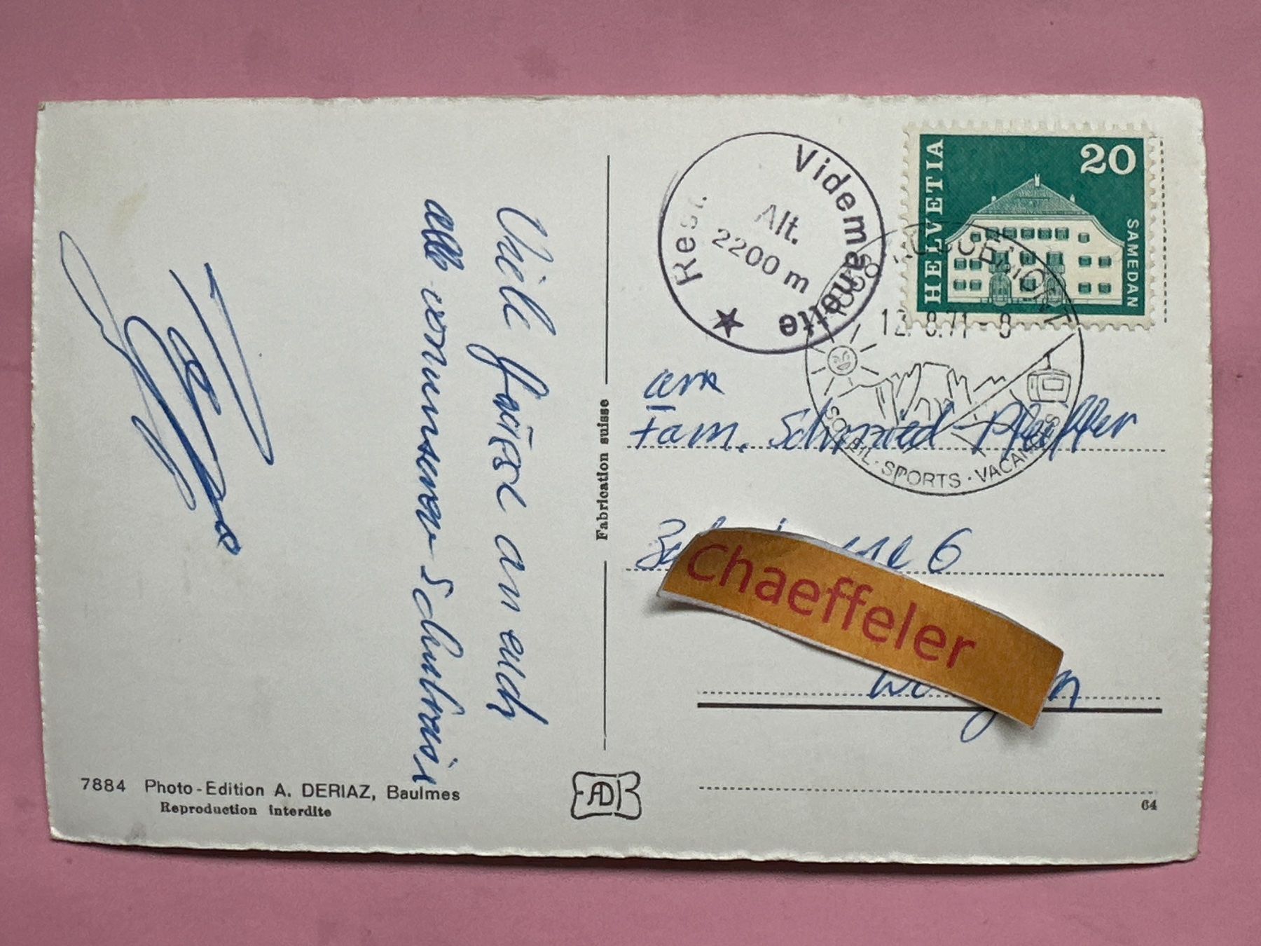 Ansichtskarten: 1971 Refuge de la Videmantte et le Rubly – Gebraucht aus Zürich von Chaeffeler 1