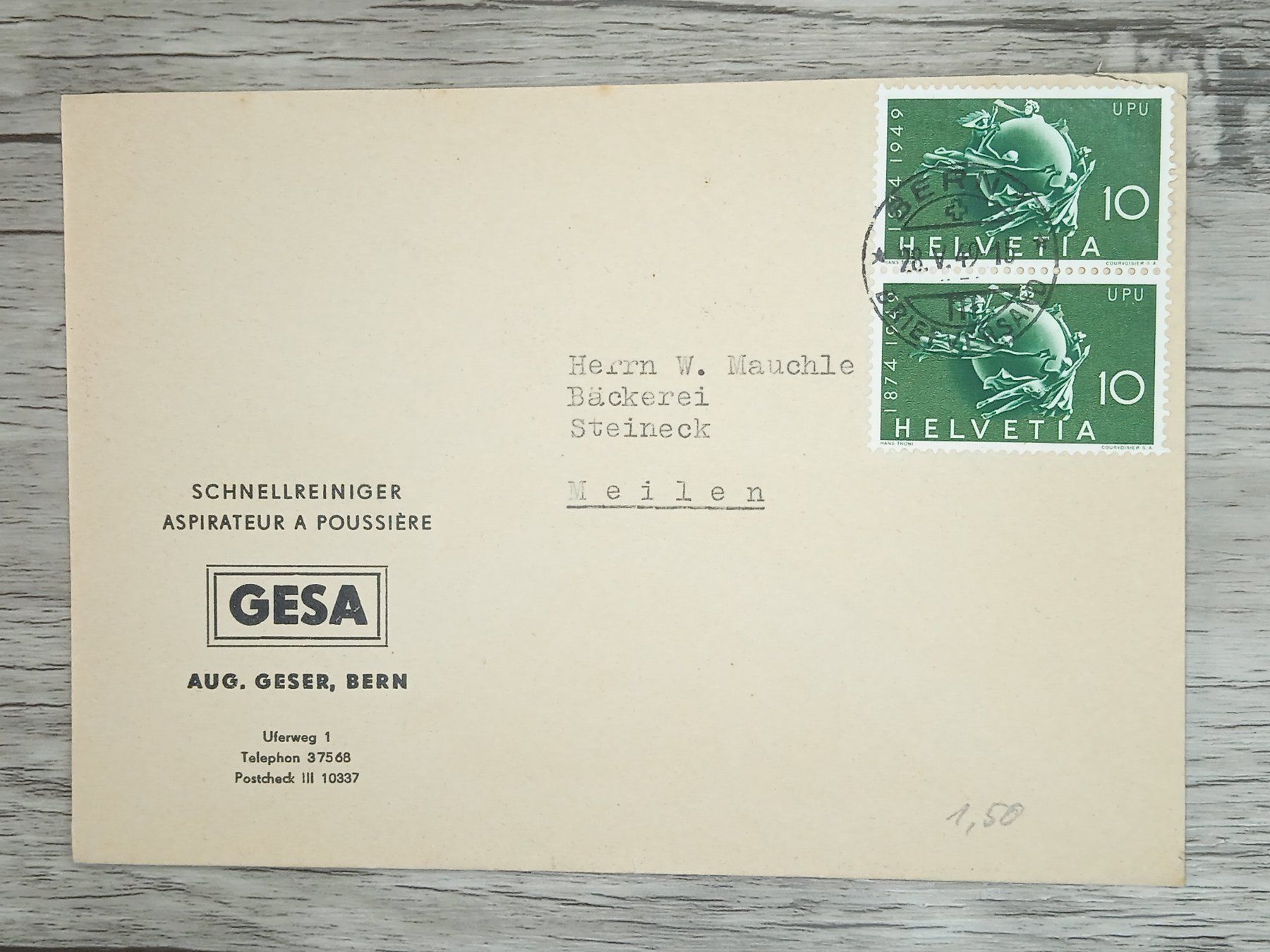 Tutti i francobolli: TR20 Enveloppe + Timbre Suisse 1949 – Usato da Cousset venduto da Patrick_Collections