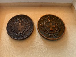 2 Schweizer Münzen Helvetia 1 Rappen 1914 und 1917 gebraucht