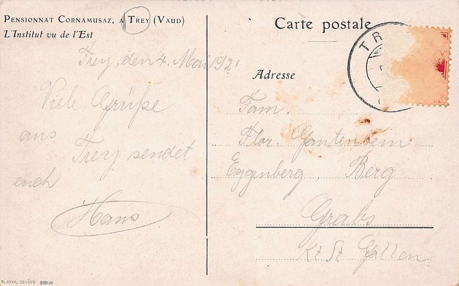 Cartoline postali: Trey, Pensionnat Cornamusaz, circulée 1921 – Usato da Frauenfeld venduto da POML 1