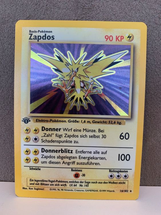 16/102 *1.Edition Zapdos Holo DE Pokemon Base Set | Kaufen Auf Ricardo