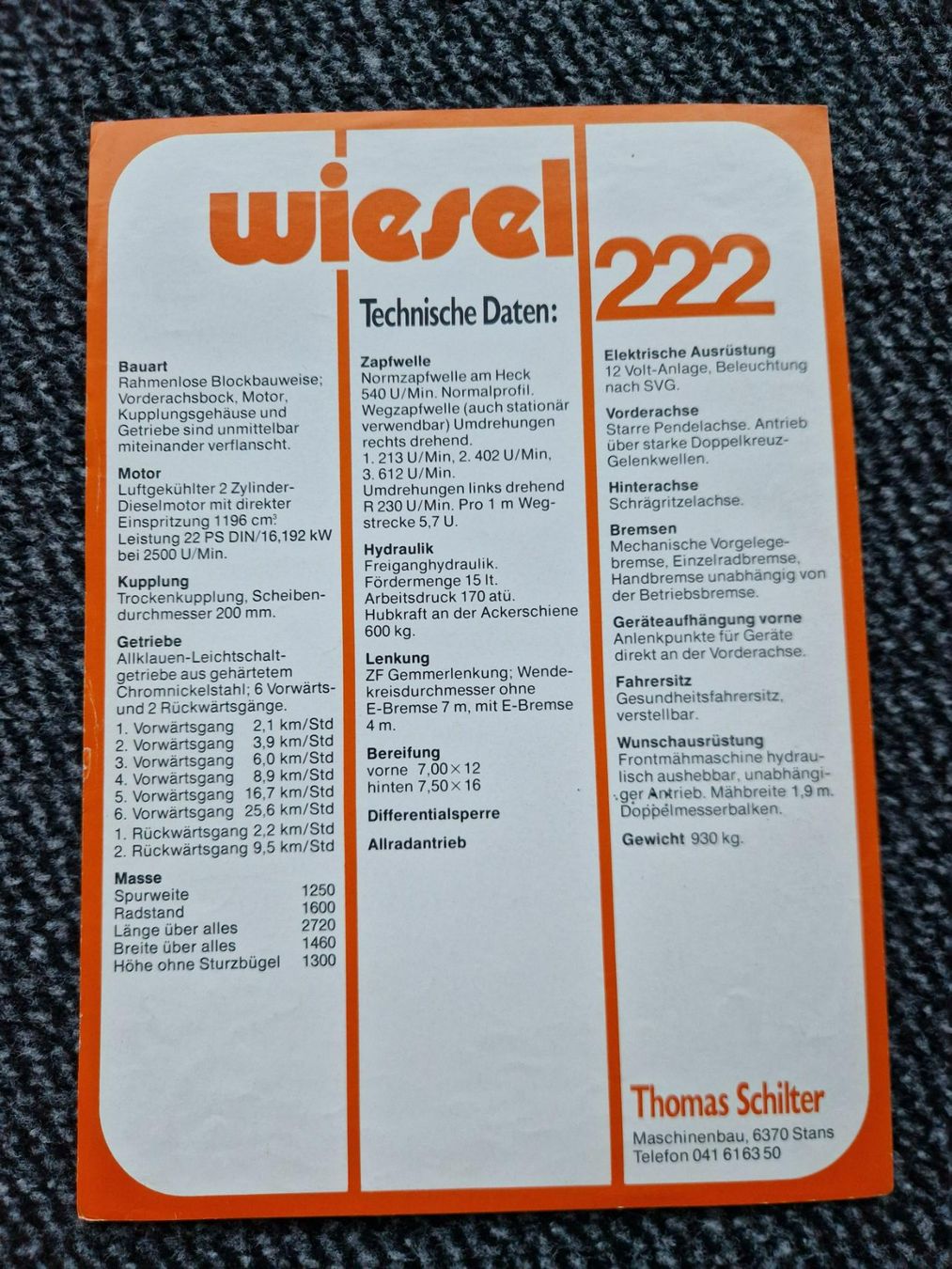Schilter Trattori: Original Prospekt Thomas Schilter Wiesel 222 Traktor – Usato da Dürnten venduto da Bachtel84 1