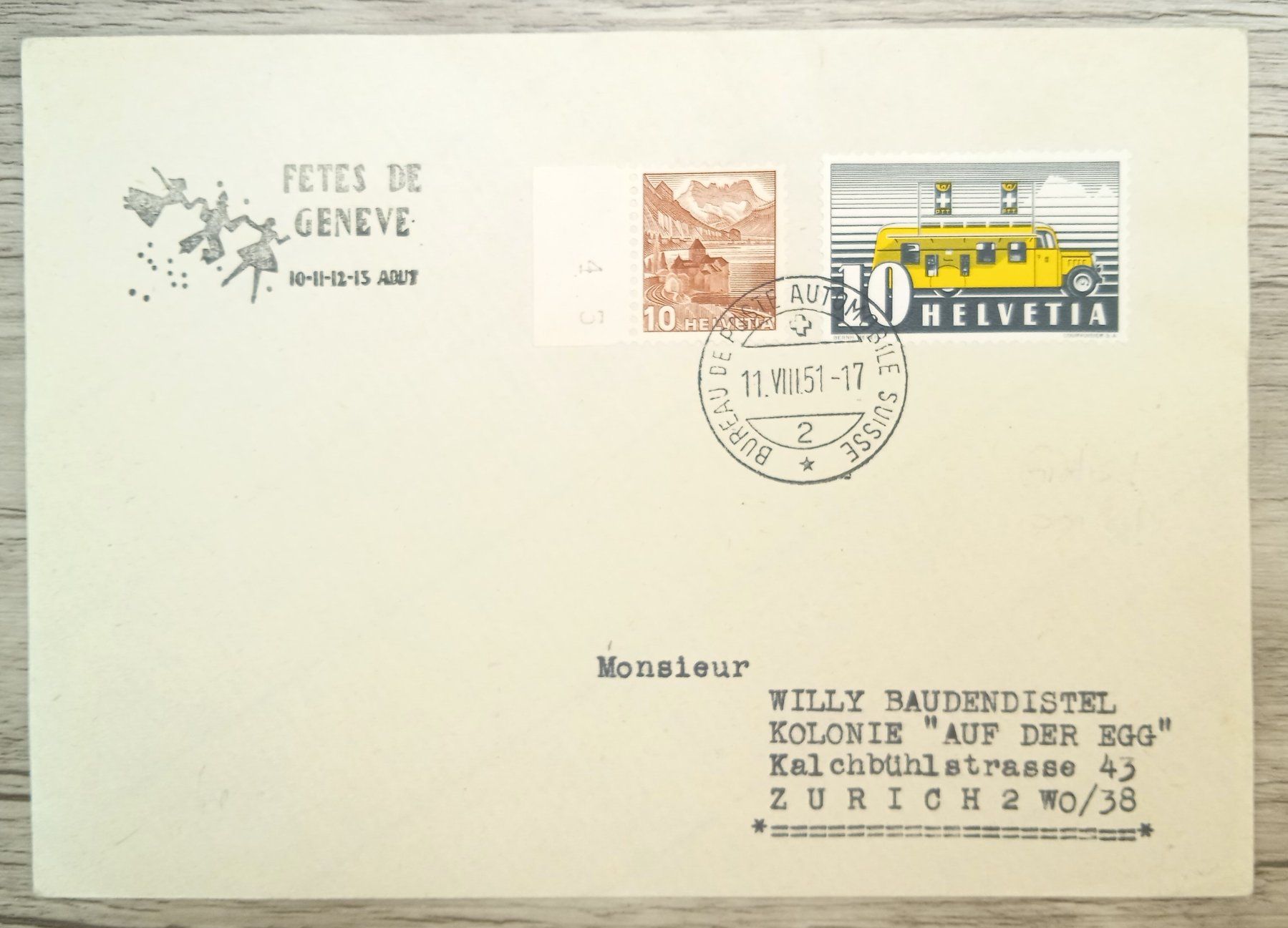 Alle Briefmarken: TR69 Enveloppe + Timbre Suisse 1951 – Gebraucht aus Cousset von Patrick_Collections
