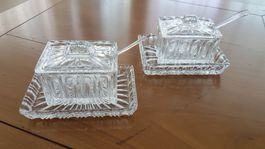 Glas-Deckeldosen + Unterteller alt 2 Stk