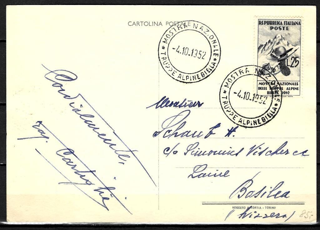 Alle Briefmarken: 1952 Postkarte FDC "Mostra Alpini" nach Basel – Gebraucht aus Sorengo von eme_wk9w