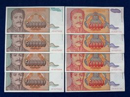 Belgrad 1993/94 - 4x 50000 & 5000000 Dinara aUNC - Карађорђе