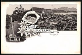 Litho Luzern, Gütsch mit Bergbahn, Löw