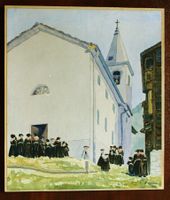 Emil Gysin 1932 Aquarelle Eglise Valais Wallis Kirche 36x42