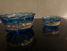 Art DecoGlasschalen blau mit Goldrand Rosenmuster