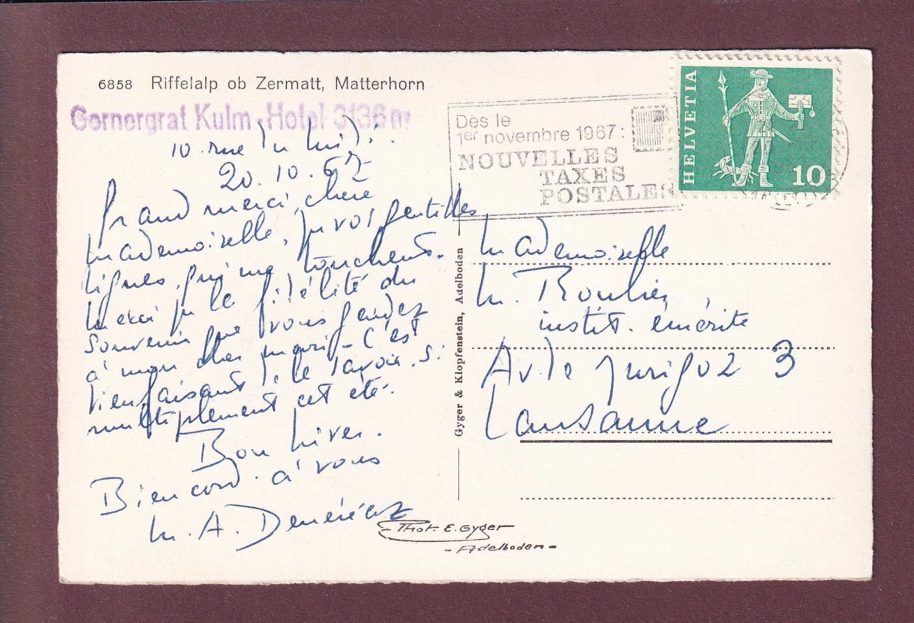 Cartoline postali: MATTERHORN / CERVIN - Riffelalp - 1962 – Usato da Pully venduto da nicecards-shop 1