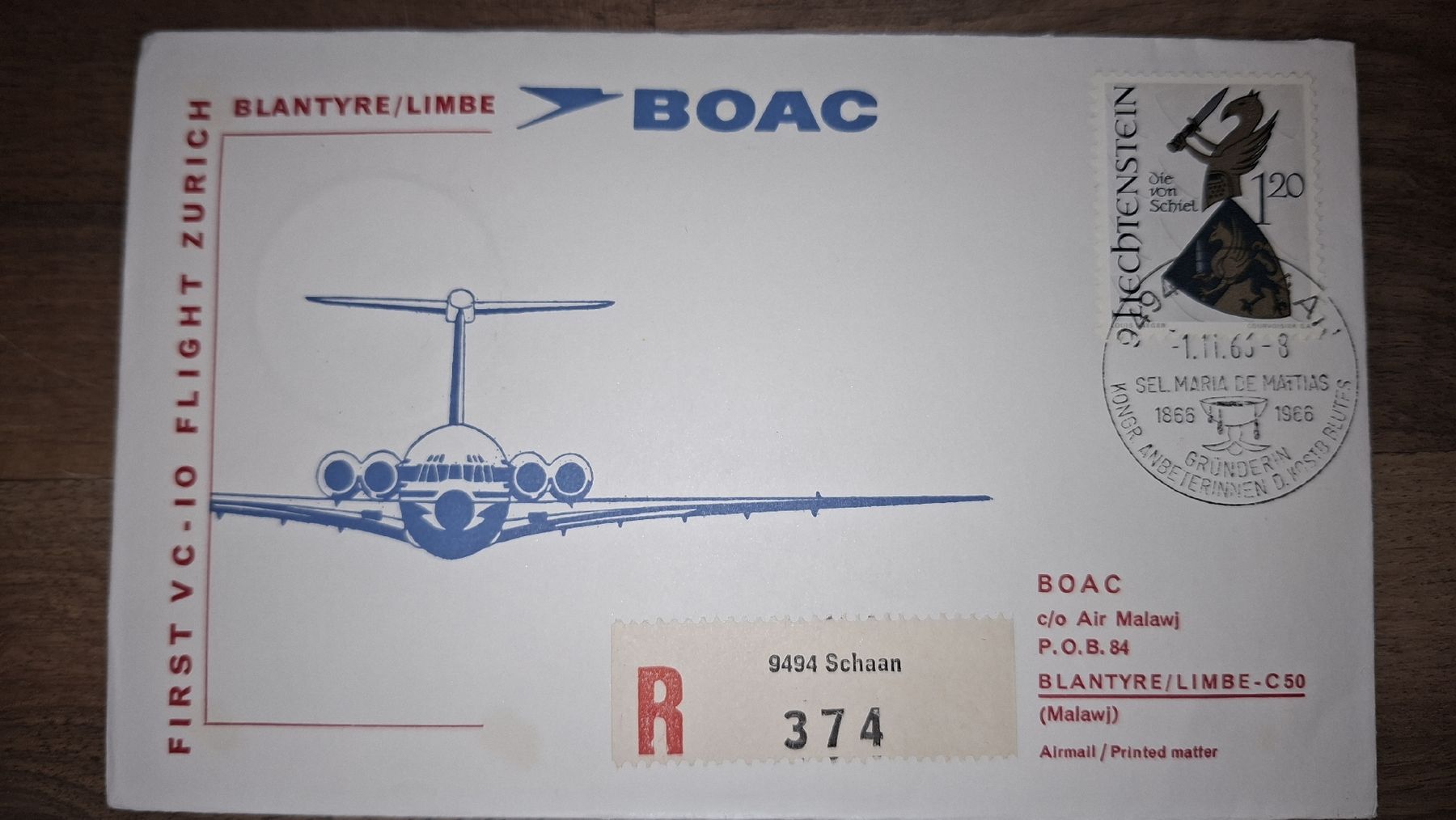 Tutti i francobolli: Boac Zürich - Blantyre / Limbe 01.11.1966 – Usato da Balgach venduto da SIMEON27