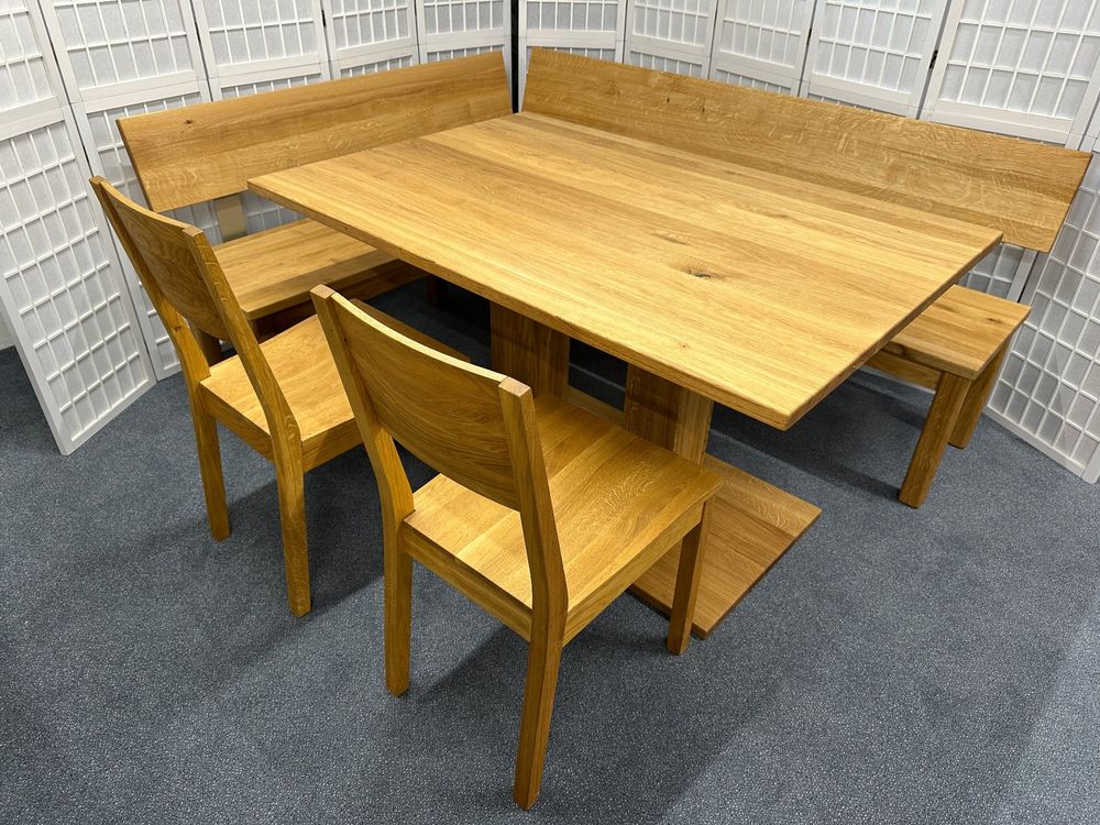 Eckbank Tisch und 2 Stühle TREVA Wildeiche massiv 153 x 198 (Neu ...