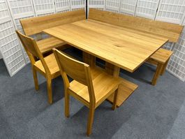 Eckbank Tisch und 2 Stühle TREVA Wildeiche massiv 153 x 198