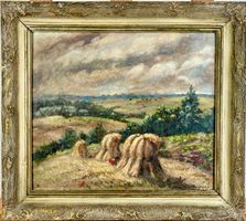 Ölgemälde Sommerlandschaft mit Garben, signiert, gerahmt