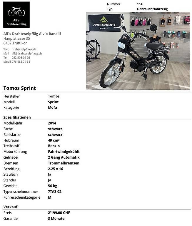 Ciclomotori: Tomos Sprint, 15km, Neuwertig – Usato da Truttikon venduto da Drahteselpflaeg 2