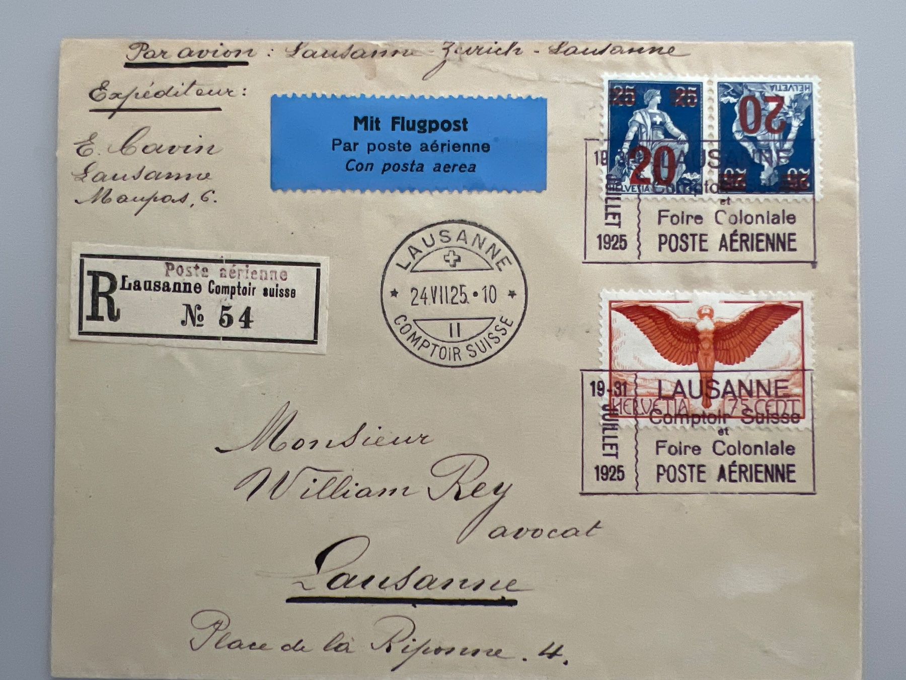Tutti i francobolli: Flugpostbrief Comptair Lausanne 1925 CS6 – Usato da Buchrain venduto da wmm