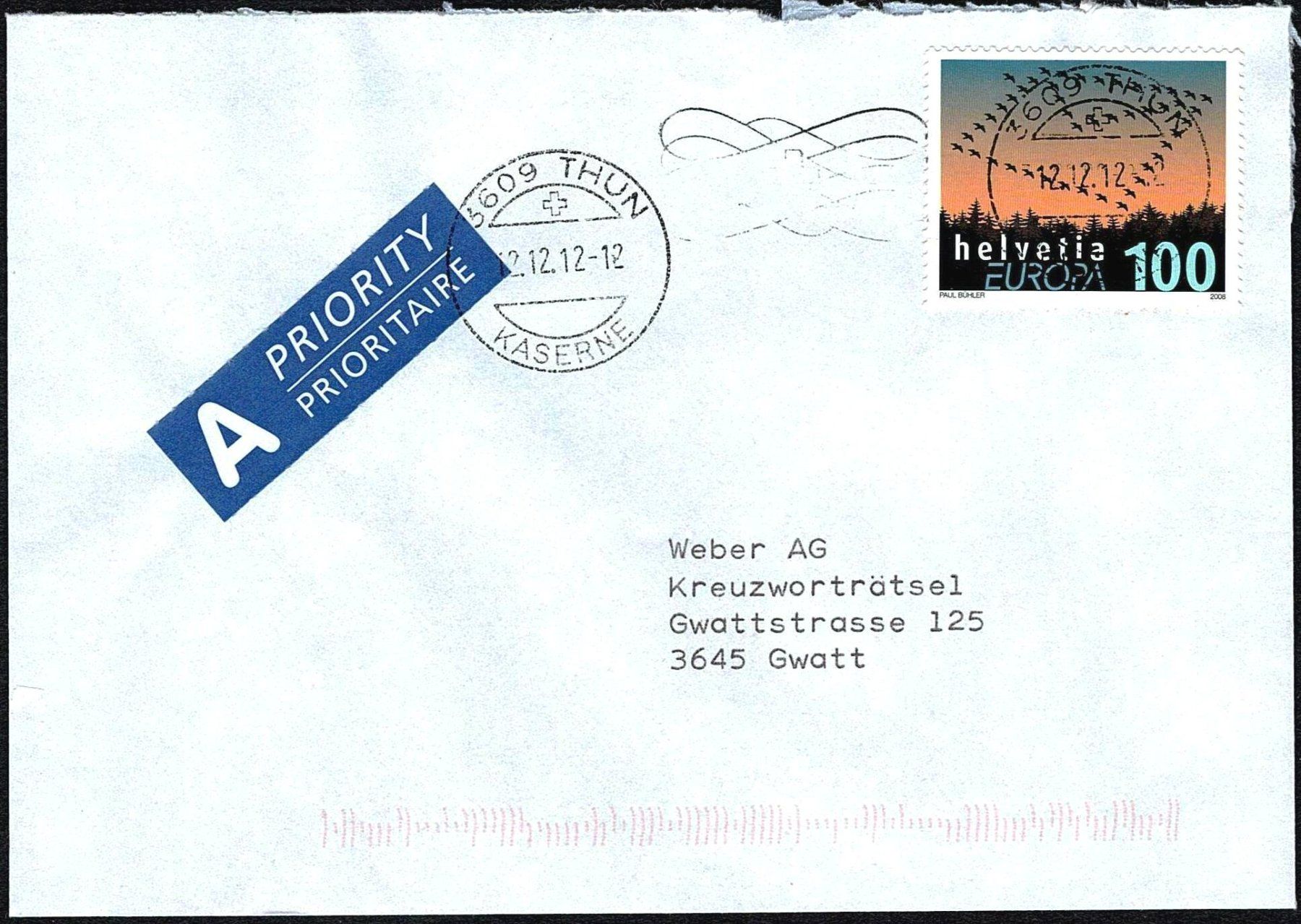 Tutti i francobolli: 2012_Gebrauchsbrief mit Datumstempel "12.12.12 -12" – Usato da Thun venduto da Nissan