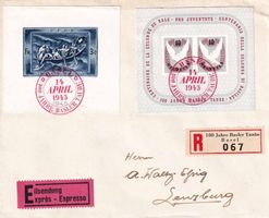 1945 Basler-Block Nr. W23 + W21A auf R-Eil-FDC, siehe Scans.