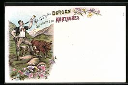 Litho Mann in Schweizer Tracht mit Kühe