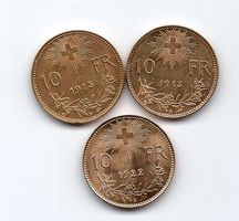 3 x 10 Franken Vreneli, 1913, 15, 22, top Gold