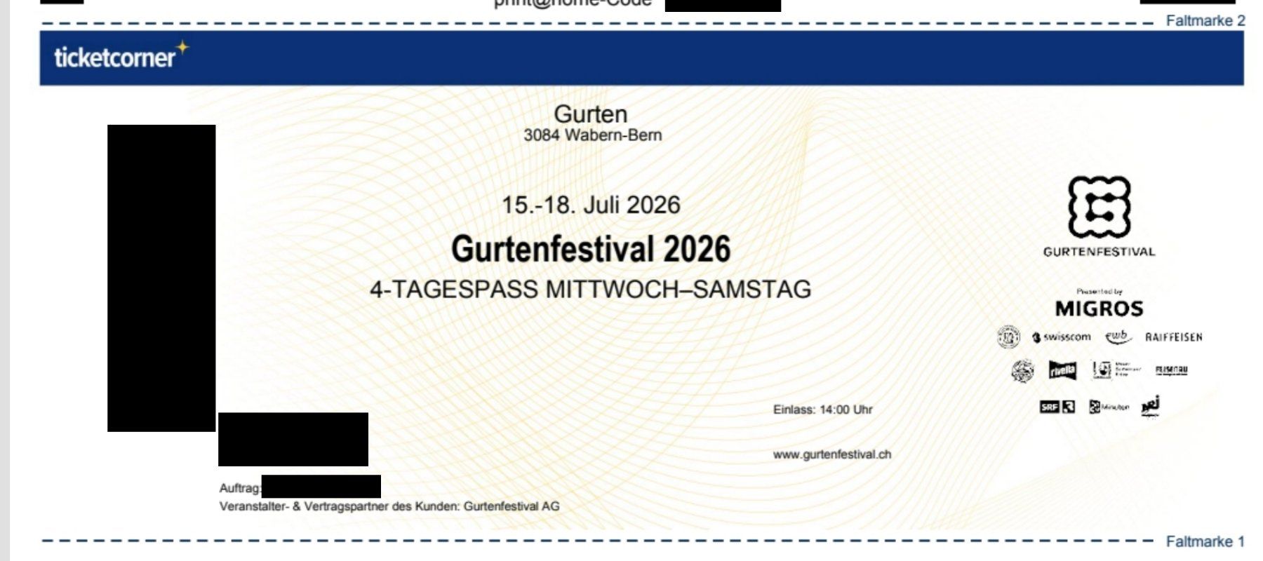 Biglietti: Gurtenfestival 2026 - 4 TAGESPASS - MI, DO, FR, SA – Nuovo e nell'imballaggio originale da Schliern b. Köniz venduto da jules___ 2