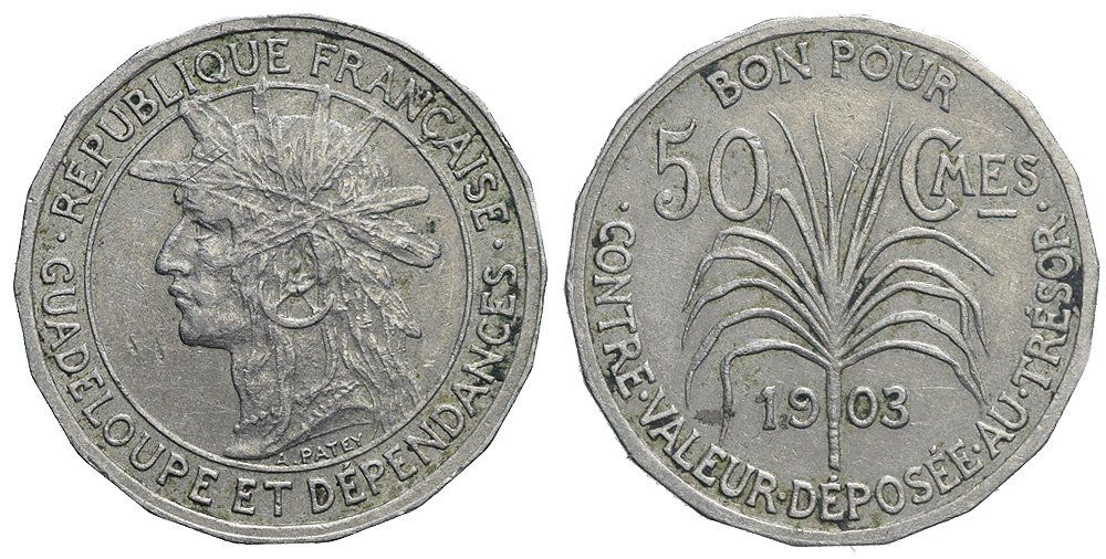 Alle Münzen: Guadeloupe, 50 Centimes 1903 – Gebraucht aus Chiasso von Novamarketing