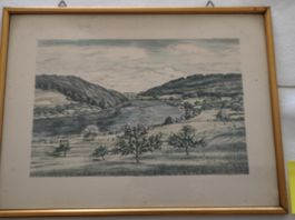 Original-Lithografie "Rheinlandschaft" von J. Affeltranger