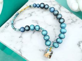 Unikat 💎 Kette Azurit Quarz, Apatit und Harzperlen, blau