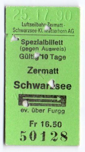Biglietti: Spezialbillette Zermatt-Schwarzsee 1990 – Usato da Langenthal venduto da Sammlungs_aus
