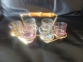 Retro Schnapsglaessli Set, 6-teilig  Bambusgriff 50-60 Jahre
