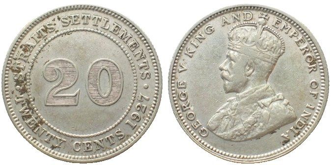 Tutti le monete: STRAITS SETTLEMENTS 20 Cents 1927 GEORGE V. Silber – Usato da Riehen venduto da sesambestcoins2004