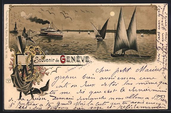 Cartoline postali: Litho Genève, Dampfer und Segelboote au – Usato da Berlin venduto da bartko-reher