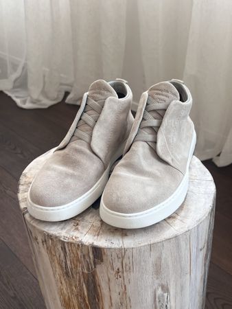 ERMENEGILDO ZEGNA Beige Suede Triple Stitch Mid Sneakers