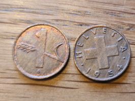 1 Rappen Münze, Jahr 1954, Glücksrappen