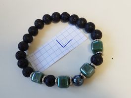 Stretch Armband Lava Stein Schwarz & 4 Raku Keramik. Gr. L