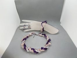 Amethyst, Rosenquarz & Bergkristall Heilstein Schmuckset