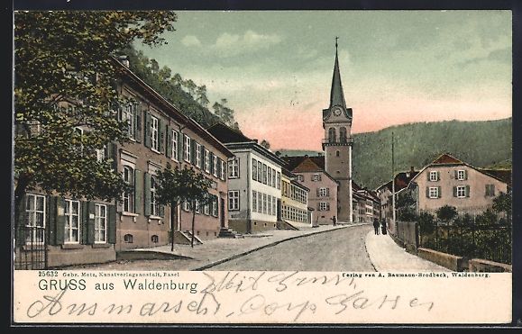 Ansichtskarten: AK Waldenburg, Strassenpartie mit Kirche – Gebraucht aus Berlin von bartko-reher