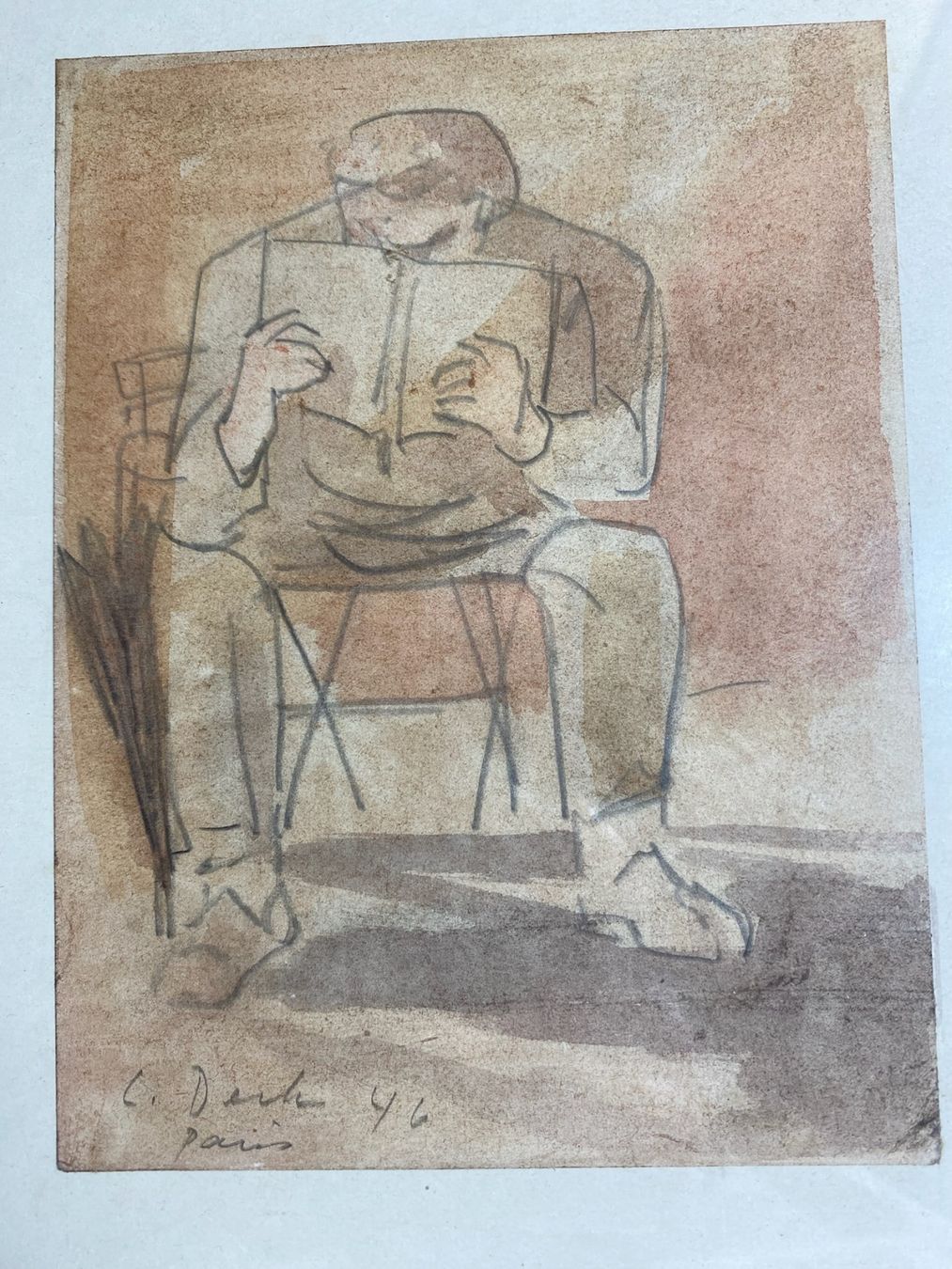 Gemälde: Deck Leo,Originalbild Kreide/ Aquarell 1946 Paris – Gebraucht aus Utzigen von Lasagne99