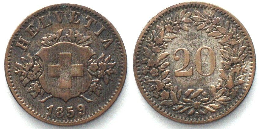 Tutti le monete: Schweiz EIDGENOSSENSCHAFT 20 Rappen 1859 B Billon ss+ – Usato da Riehen venduto da sesambestcoins2004