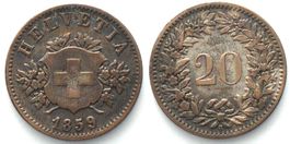 Schweiz EIDGENOSSENSCHAFT 20 Rappen 1859 B Billon ss+