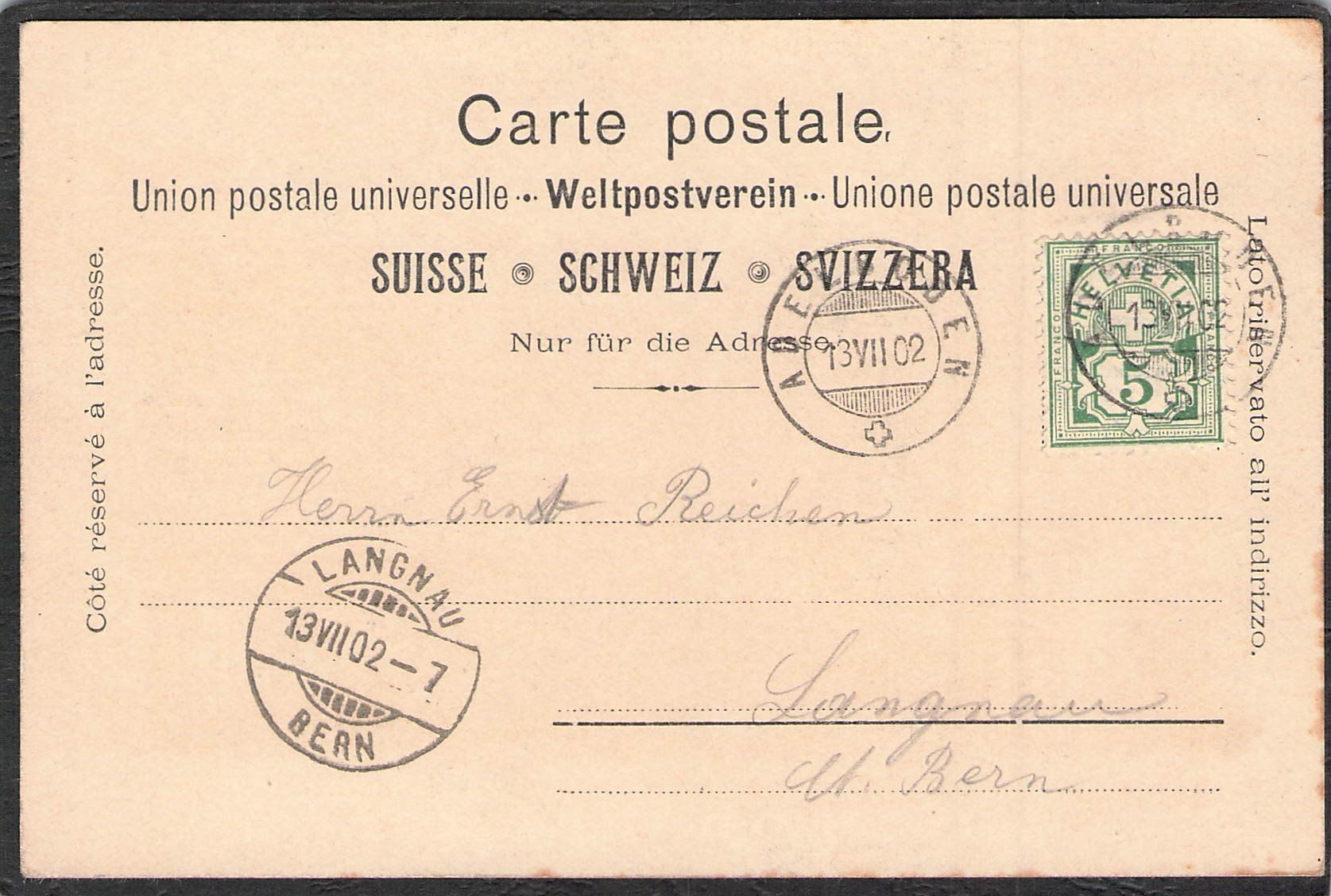 Cartoline postali: ^Adelboden BE , gel. 1902 – Usato da Reichenburg venduto da Pipo-67 1
