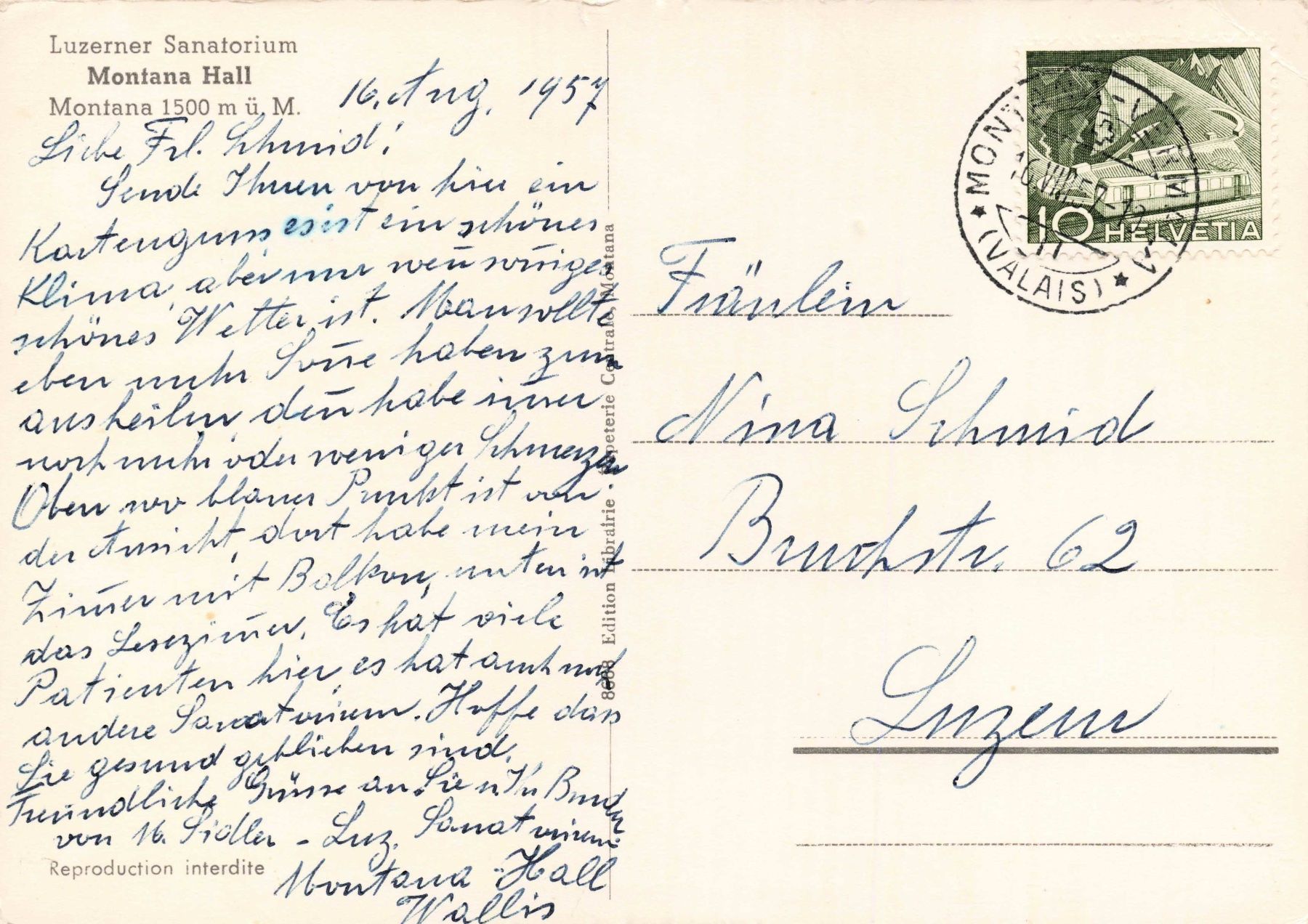 Cartoline postali: Luzerner Sanatorium Montana hall G – Usato da Biasca venduto da Blenio71 1