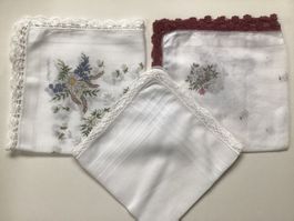 3er Set Vintage Stofftaschentücher mit Häkelspitze, Top!