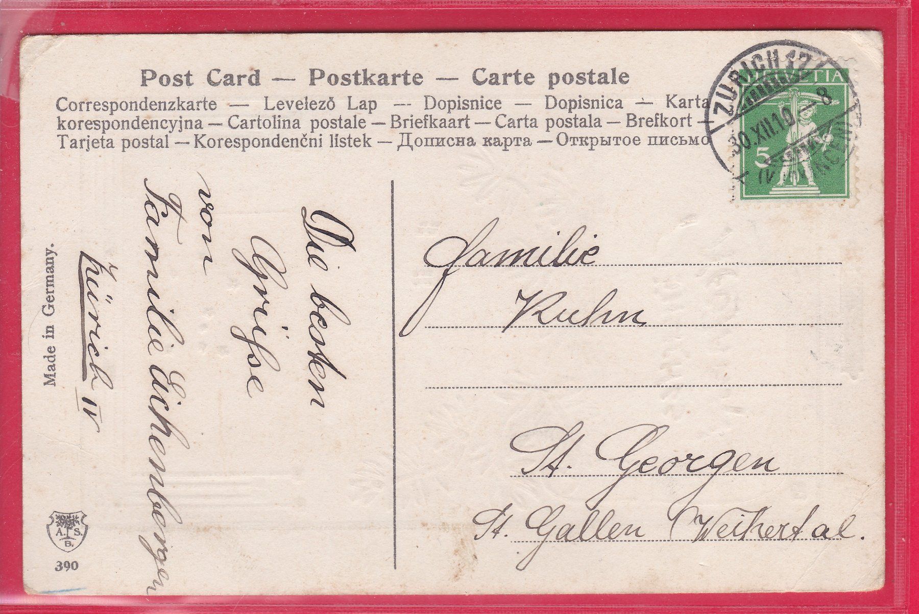 Cartoline postali: FRÖHLICHES NEUJAHR, 30.12.1910 – Usato da Oberrieden venduto da Gebirgsstelze 1