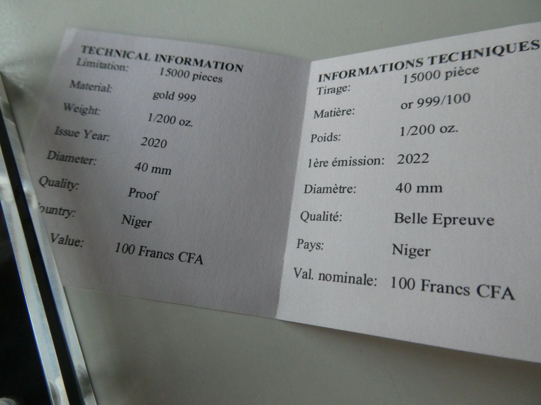 Tutti le monete: Niger 2022 100 Francs, Double Eagle, 1/200 Oz Feingold .999 – Nuovo (secondo la descrizione) da Hinterforst venduto da Rohusri 3