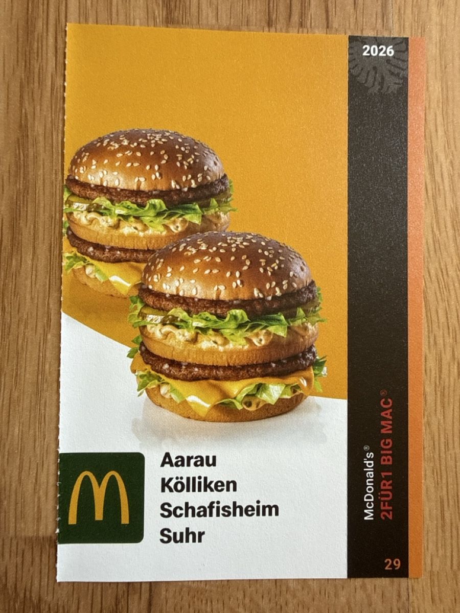 Mc Donald's Buoni: McDonalds 2für1 Big Mac Aarau – Nuovo (secondo la descrizione) da Gränichen venduto da cat_lady