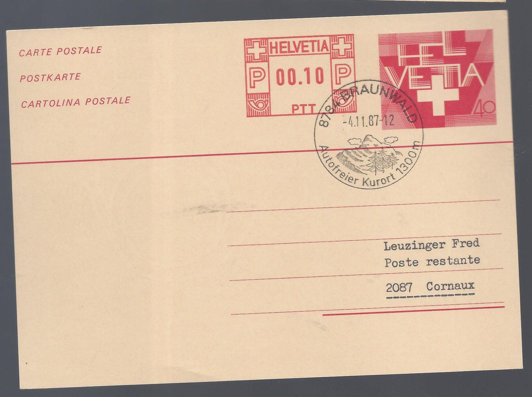 Tous les timbres: Ganzsache mit Sst BRAUNWALD 4.11.87 – Neuf (Voir description) à Les Valettes par Nuba1