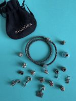 PANDORA Lederarmband und 16 Charms Silber 925