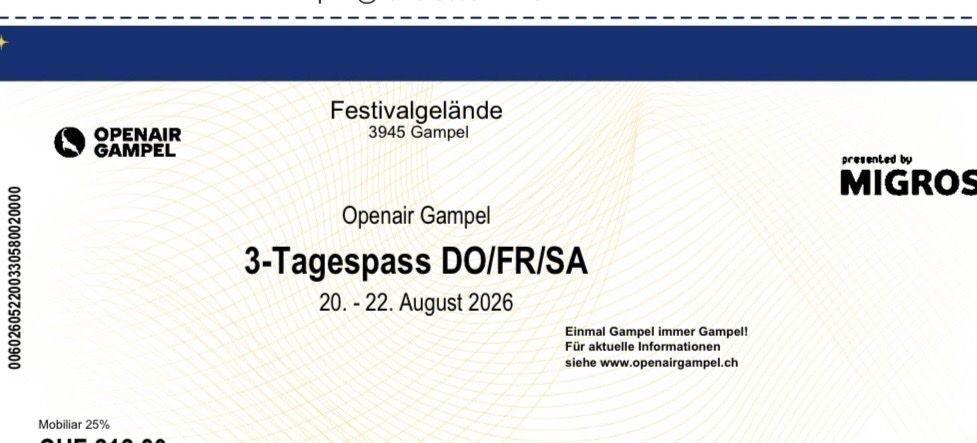Tickets: 3- Tagespass Openair Gampel (Do bis So) – Neu und originalverpackt aus Seuzach von aes_xj6f 1
